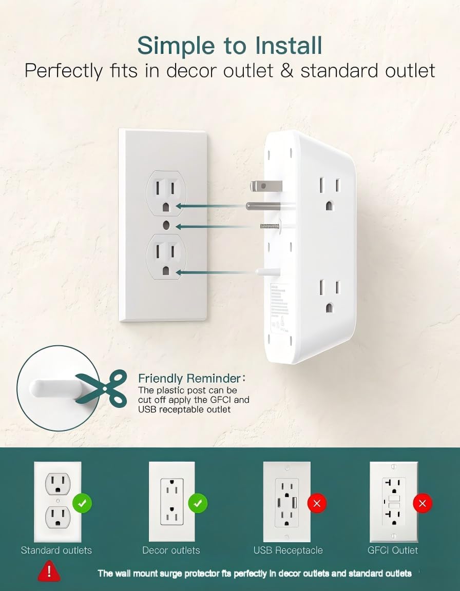 Addtam 6-Outlet Extender Surge Protector, Multi Plug Wall Outlet with 4 USB Wall Charger(PD 30W), Plug Extension Outlet with 1800J, Outlet Splitter Power Strip for Home Office, White