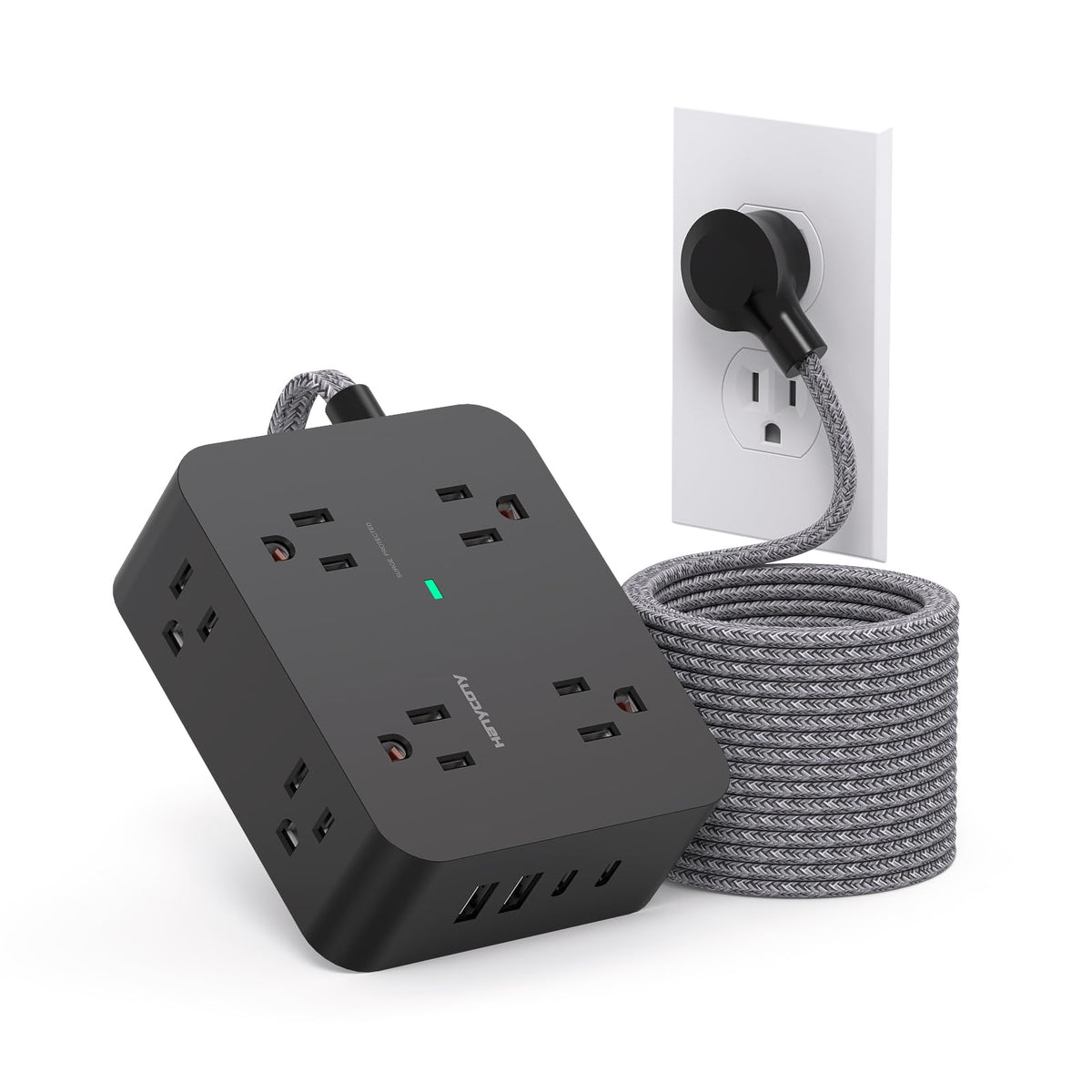 HANYCONY Surge Protector Power Strip, 10 Ft Braided Extension Cord, 1080J
