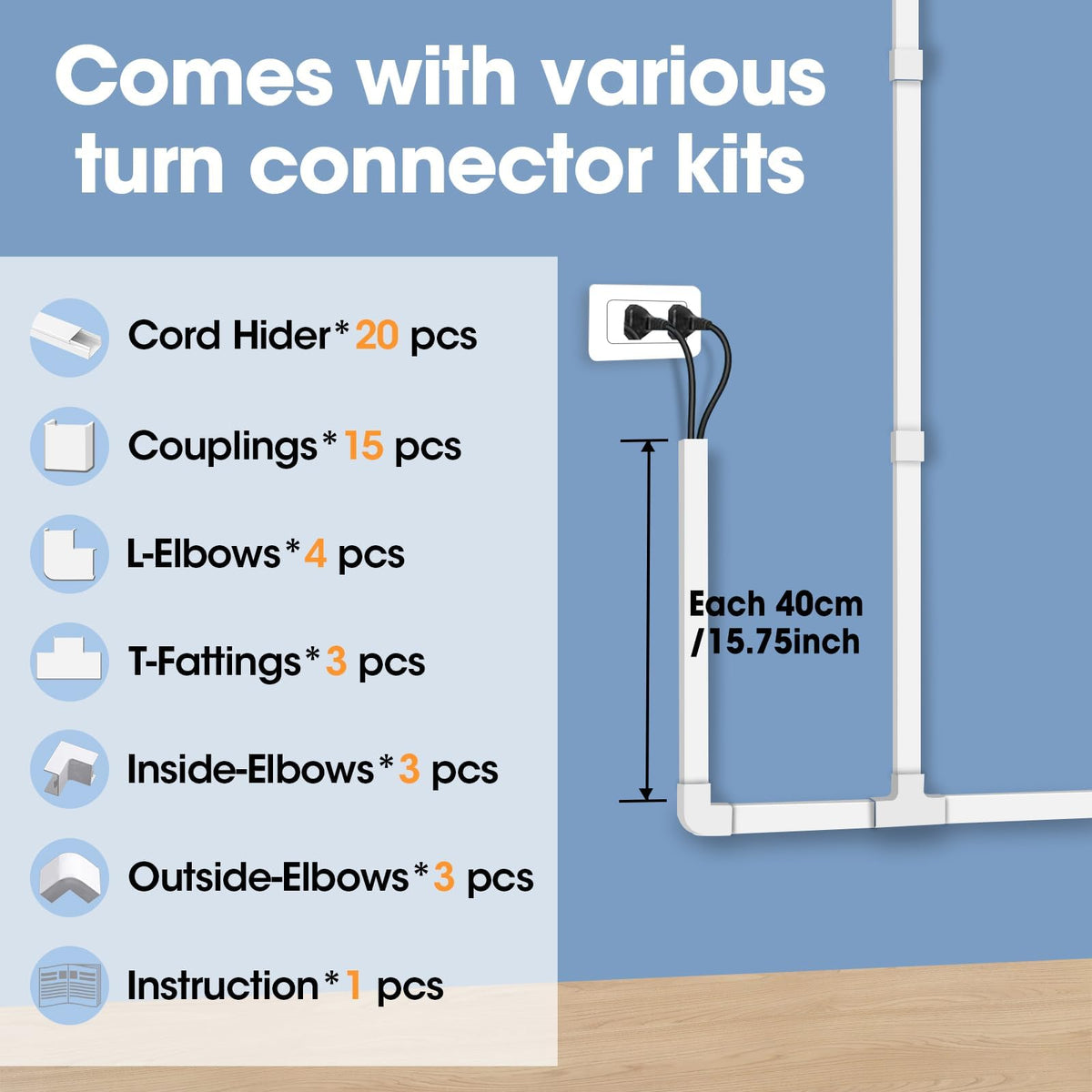 1260in Cord Hider Kit, Cord Covers for Wires on Wall, Paintable Cable Raceway, Cord Hider for Wall Mount tv, tv Cable Hider Wall kit, Wire Covers for Cords, 80X L15.75 X W0.96in X H0.57in, White