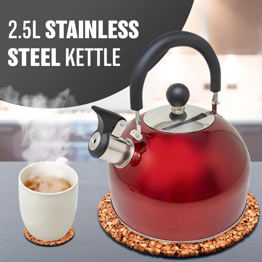 2.5L Stainless Steel Whistling Kettle - Suitable for Fishing, Camping, Hiking, Indoor & Outdoor | Camping Kettle for Gas Stove, Electric Stove, Camp Fire | Lightweight, Fast Boil, Phenolic Handle