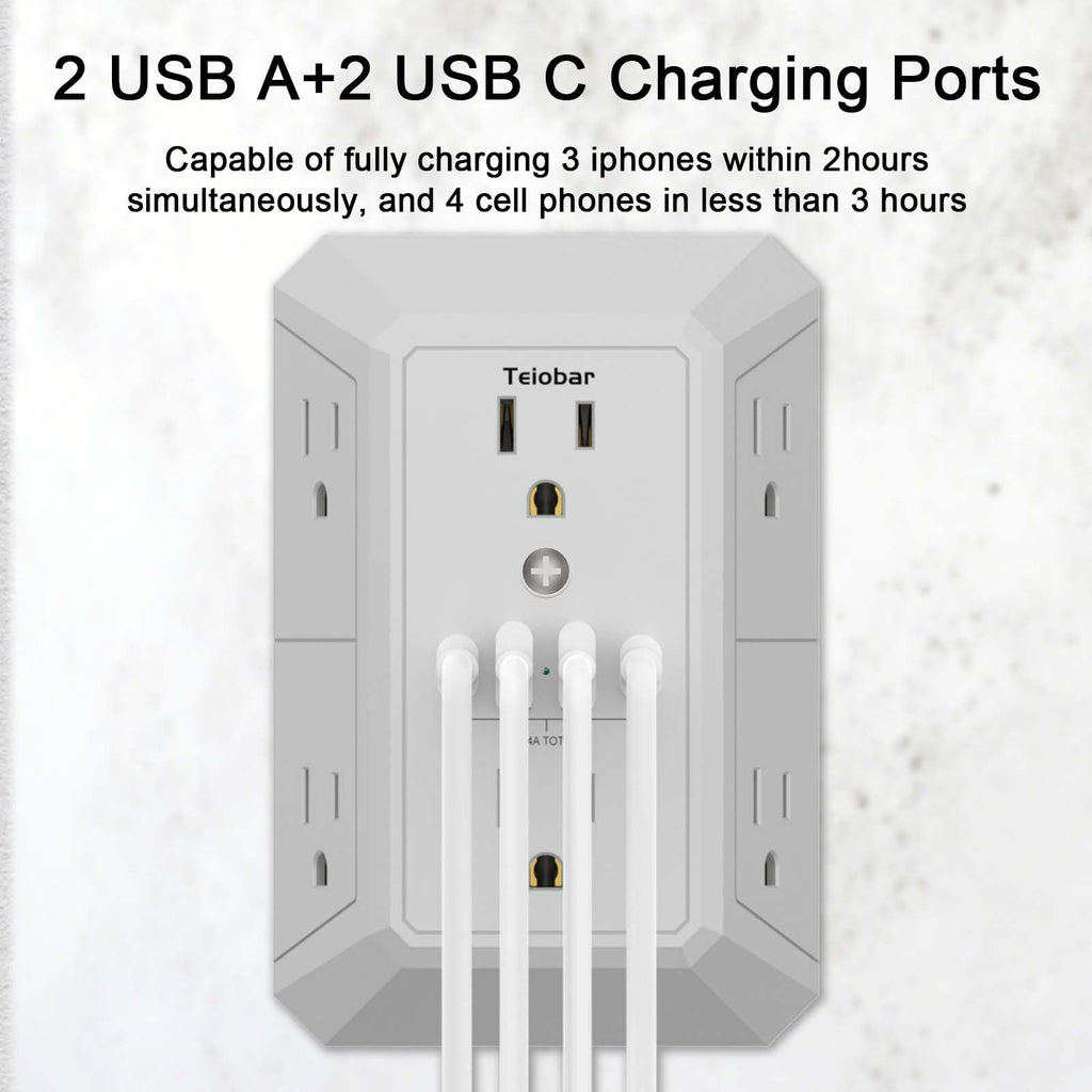 Multi Plug Wall Outlet Surge Protector with 6-Outlet & 4 USB Ports(2USB-C)
