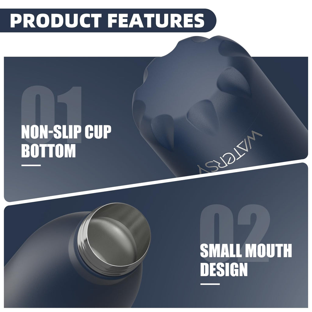 Stainless Steel Insulated Water Bottle, WATERSY Double Walled Metal Vacuum Flask Keep 24 Hrs Cold & 12 Hrs Hot Thermal Metal Sports Bottles 500ml BPA Free for Outdoor, Work, Gym, School (Black)