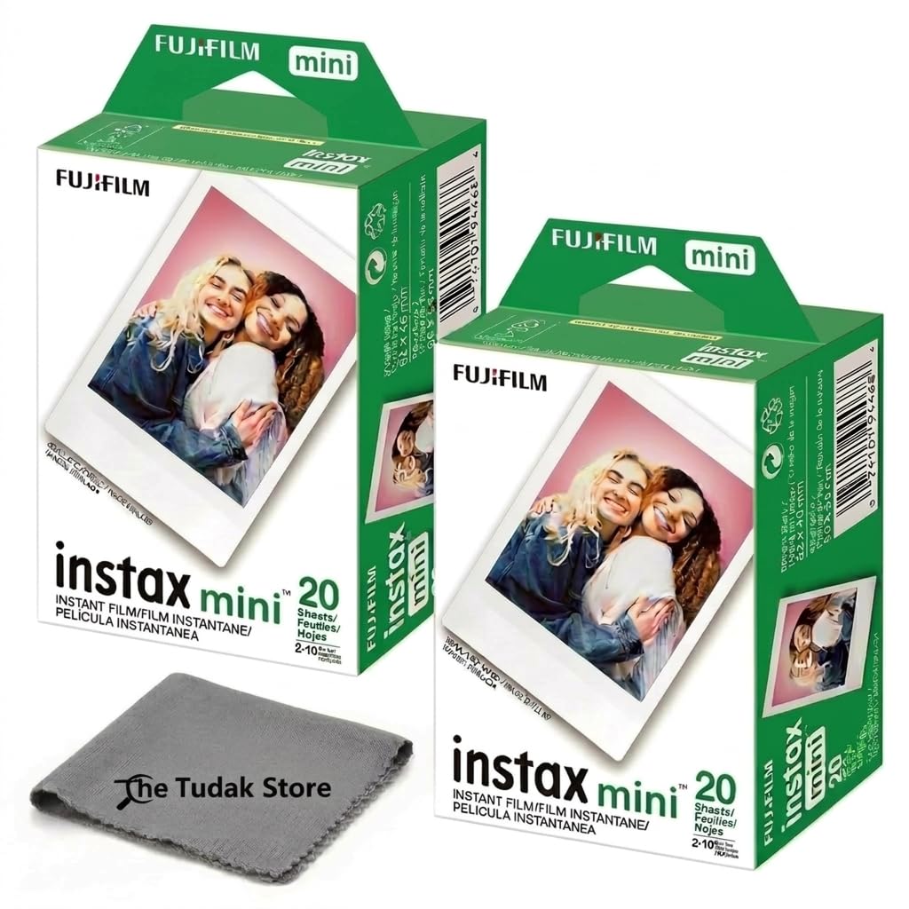 Fujifilm Instax Mini Instant Film, 20 Sheets – White Daylight ISO 800 for Instax Mini 13, 12, 11, 41 Cameras –Bundeld with The Tudak Store Microfiber Cleaning Cloth