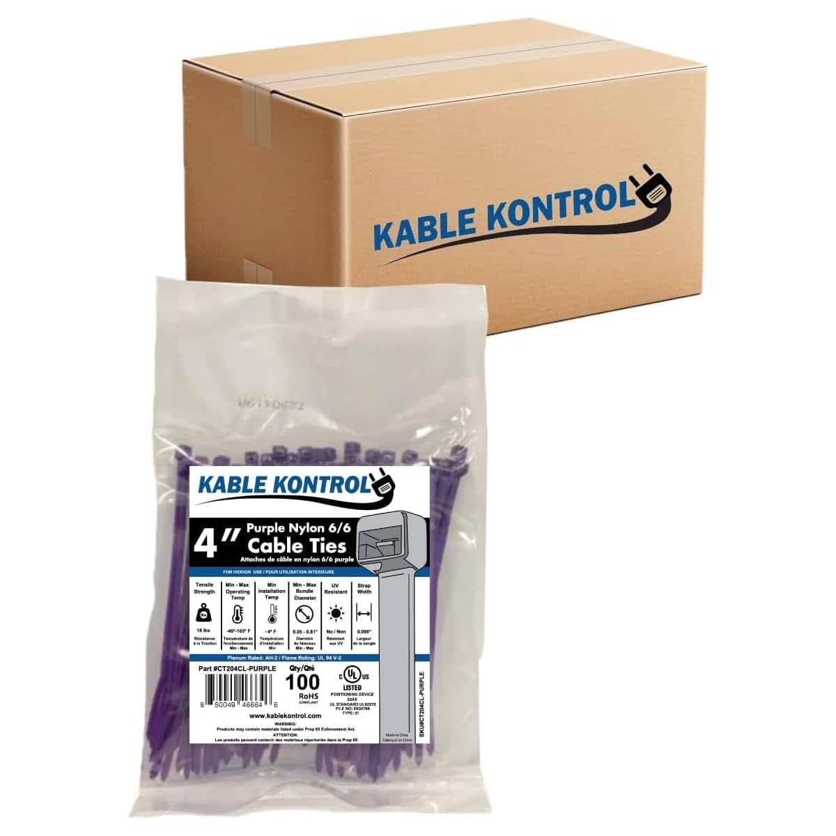 Kable Kontrol Cable Zip Ties, 4 Inch, 100 Pcs, 18lbs Test, Gray