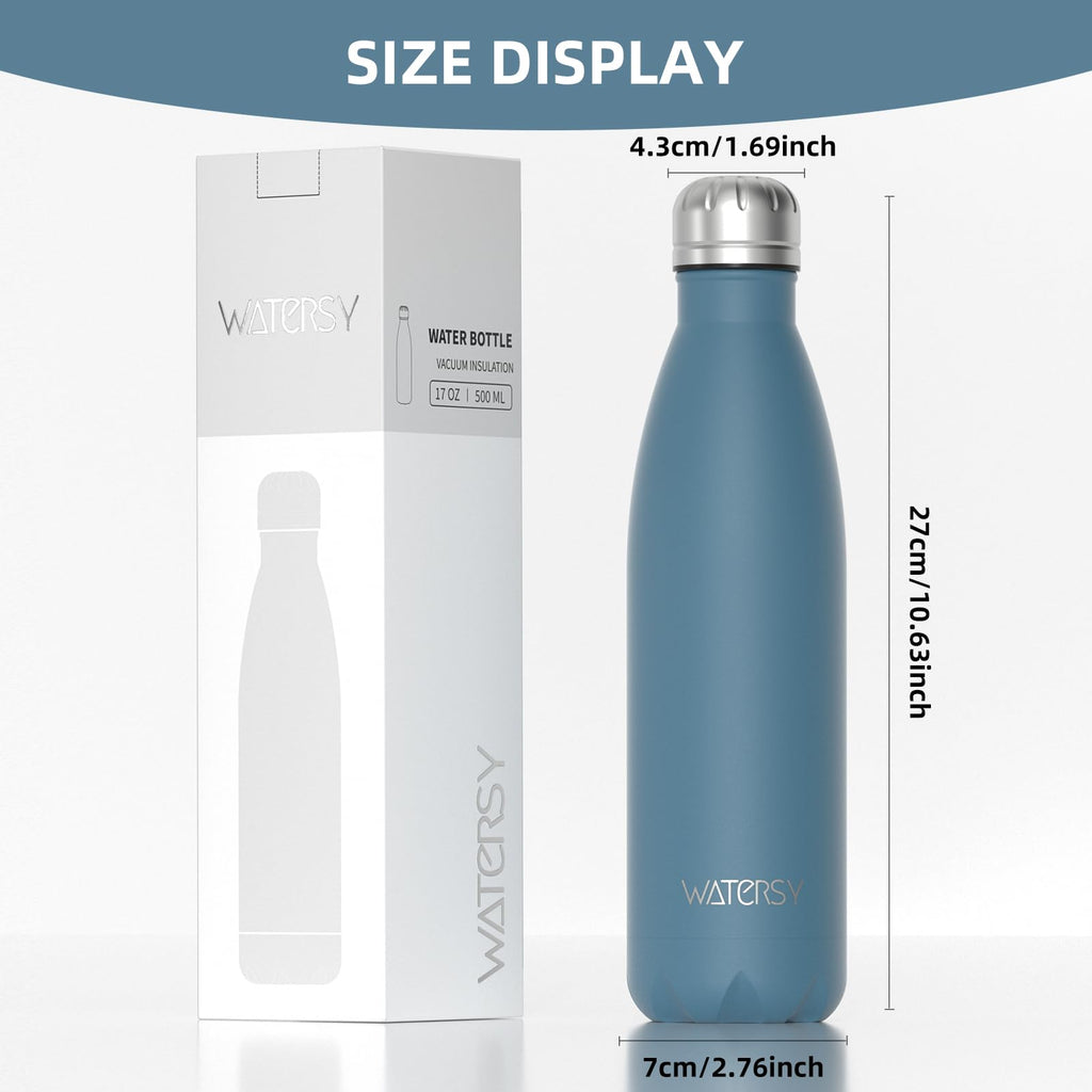 Stainless Steel Insulated Water Bottle, WATERSY Double Walled Metal Vacuum Flask Keep 24 Hrs Cold & 12 Hrs Hot Thermal Metal Sports Bottles 500ml BPA Free for Outdoor, Work, Gym, School (Black)
