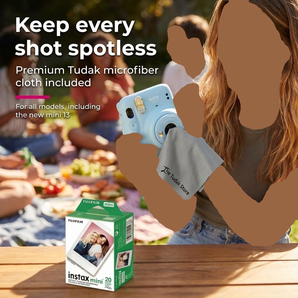 Fujifilm Instax Mini Instant Film, 20 Sheets – White Daylight ISO 800 for Instax Mini 13, 12, 11, 41 Cameras –Bundeld with The Tudak Store Microfiber Cleaning Cloth