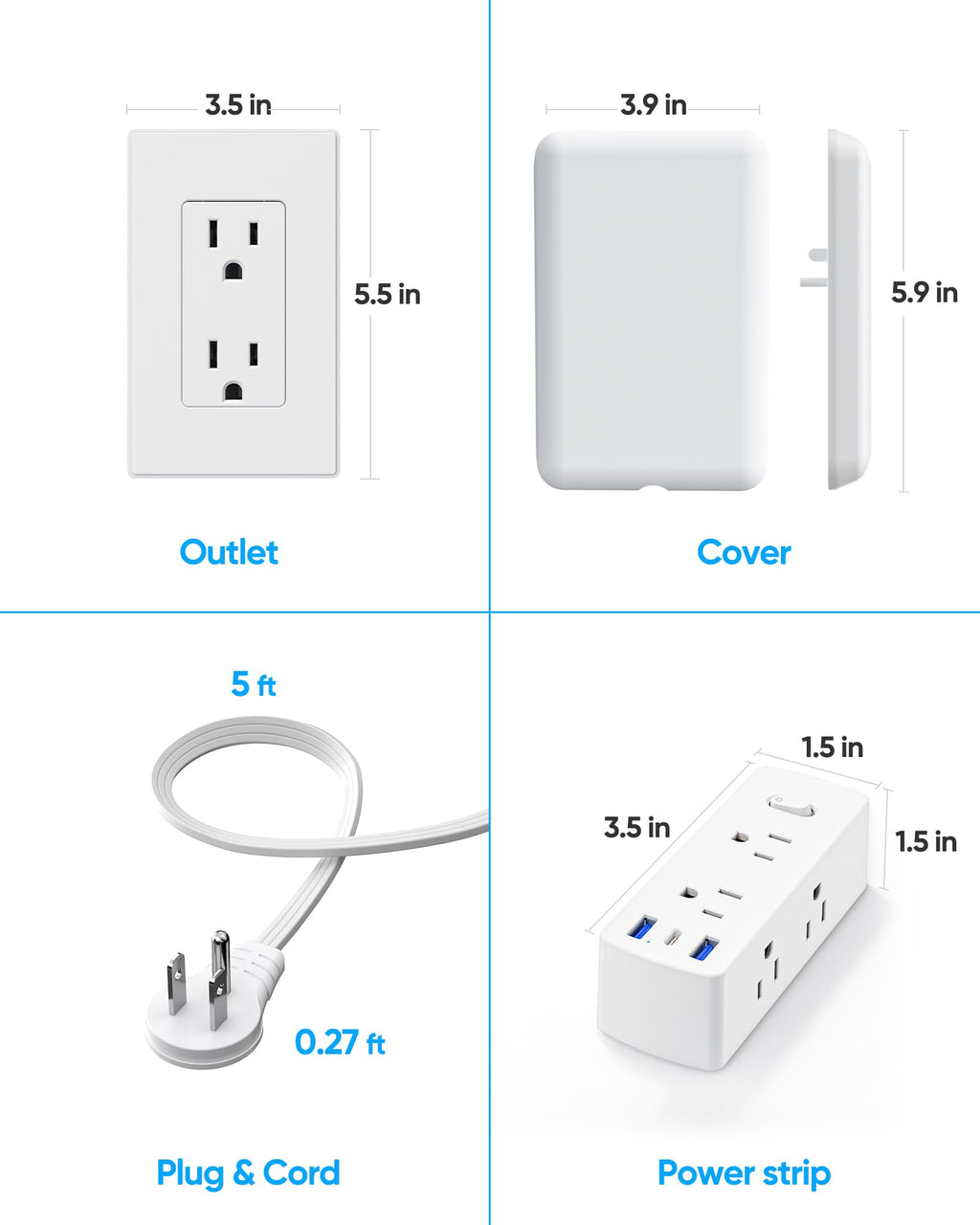 Olcorife Flat Extension Cord with Outlet Cover, Flat Plug Power Strip with 6 Outlets and 3 USB Ports, 8 FT Cord Hidden Outlet Extender for Tight Spaces