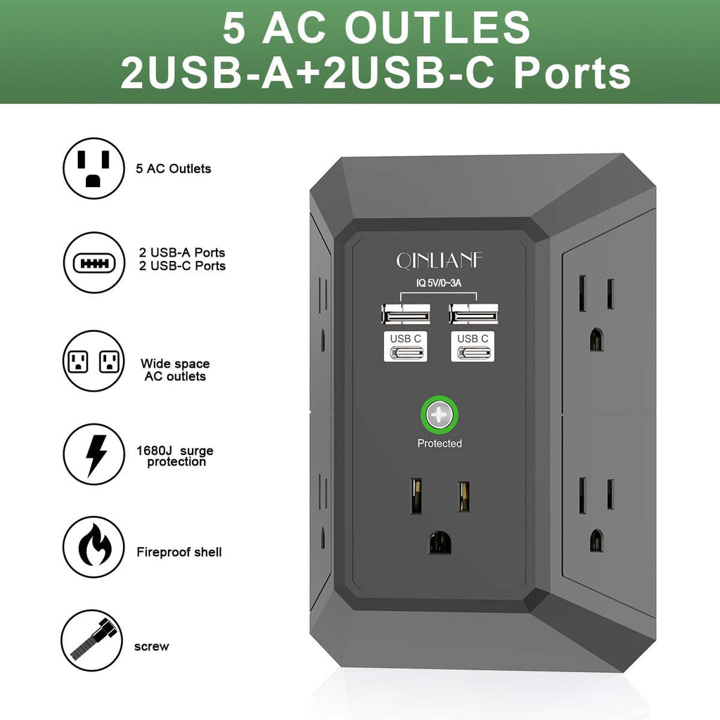 Surge Protector, QINLIANF 5 Outlet Extender with 4 USB Ports(2USB-C)