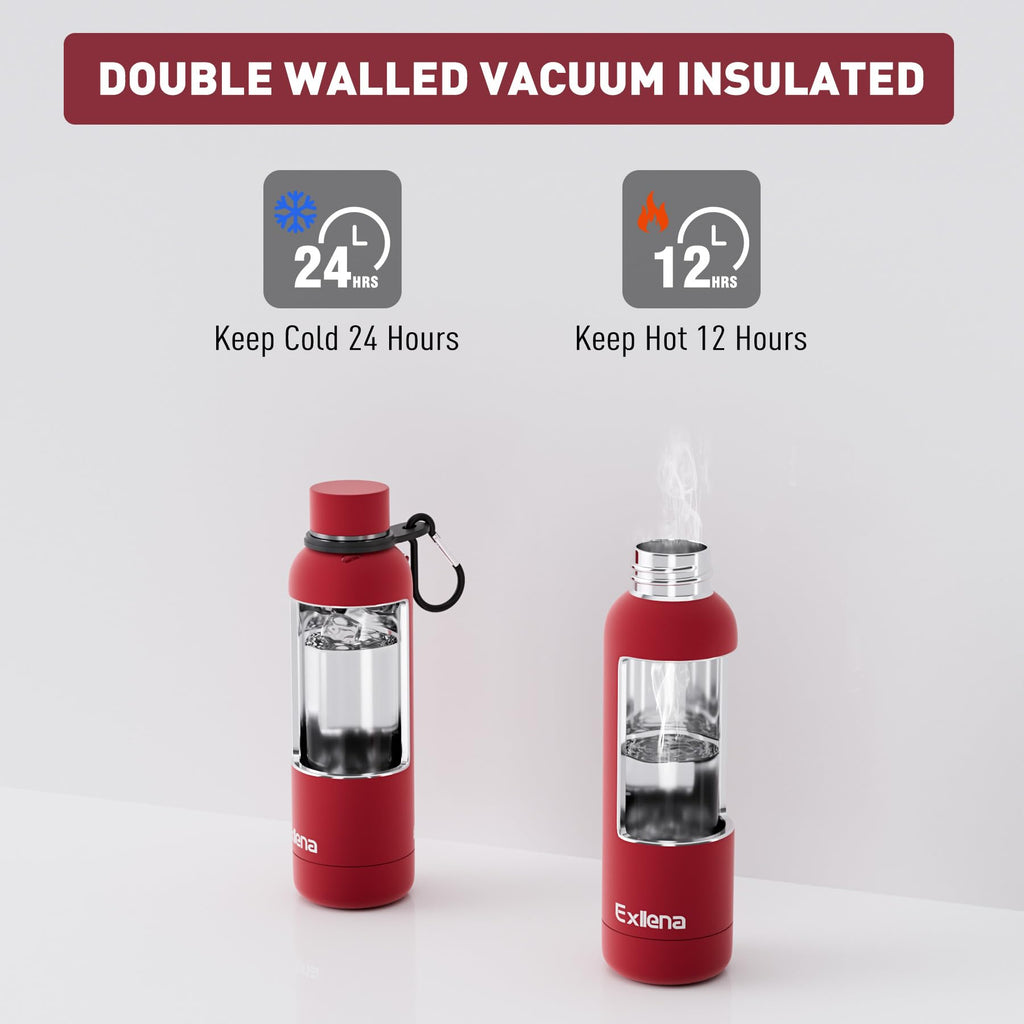 Exllena Insulated Black Water Bottles 750ml with Clip, Double Wall Vacuum Drinks Bottle Keeps Drinks Cold 24 Hrs/Hot 12 Hrs, Stainless Steel Water Bottle BPA Free