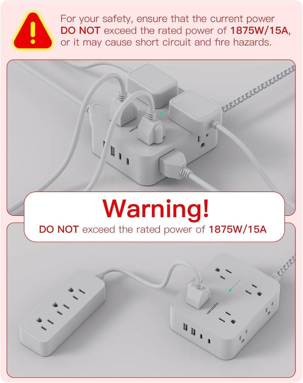HANYCONY Surge Protector Power Strip, 10 Ft Braided Extension Cord, 1080J