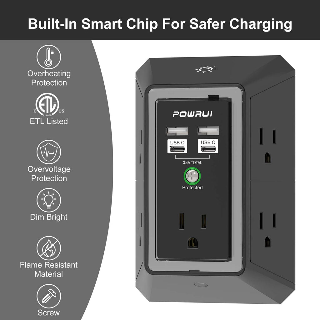 Multi Plug Wall Outlet Night Light, POWRUI 6 Outlet Extender & 3 USB Ports