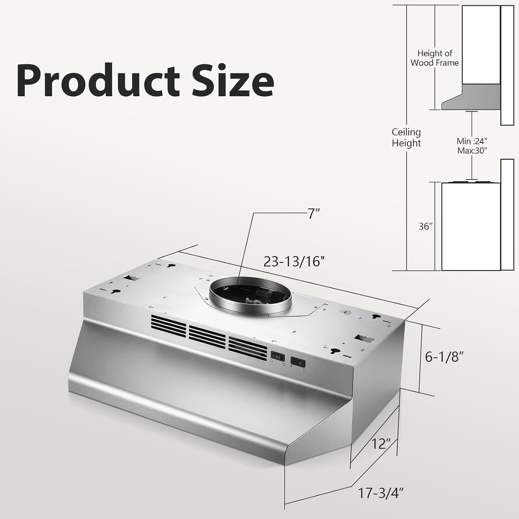 Tieasy Under Cabinet Range Hood 24 Inch, 400 CFM Stainless Steel Convertible Vent Hood with 2 Speed Exhaust Fan and Rocker Switch Control, Ducted/Ductless Kitchen Hood with Multiple Venting Options