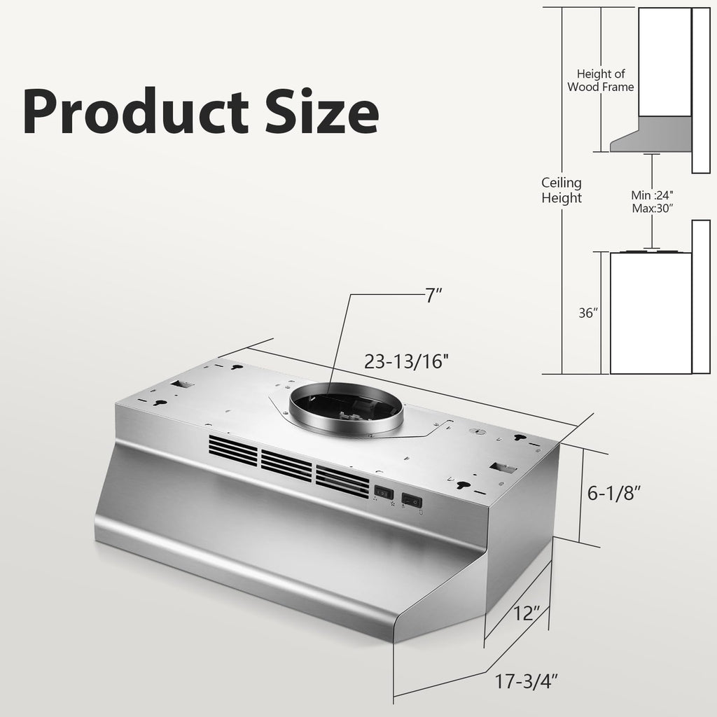 Tieasy Under Cabinet Range Hood 24 Inch, 400 CFM Stainless Steel Convertible Vent Hood with 2 Speed Exhaust Fan and Rocker Switch Control, Ducted/Ductless Kitchen Hood with Multiple Venting Options