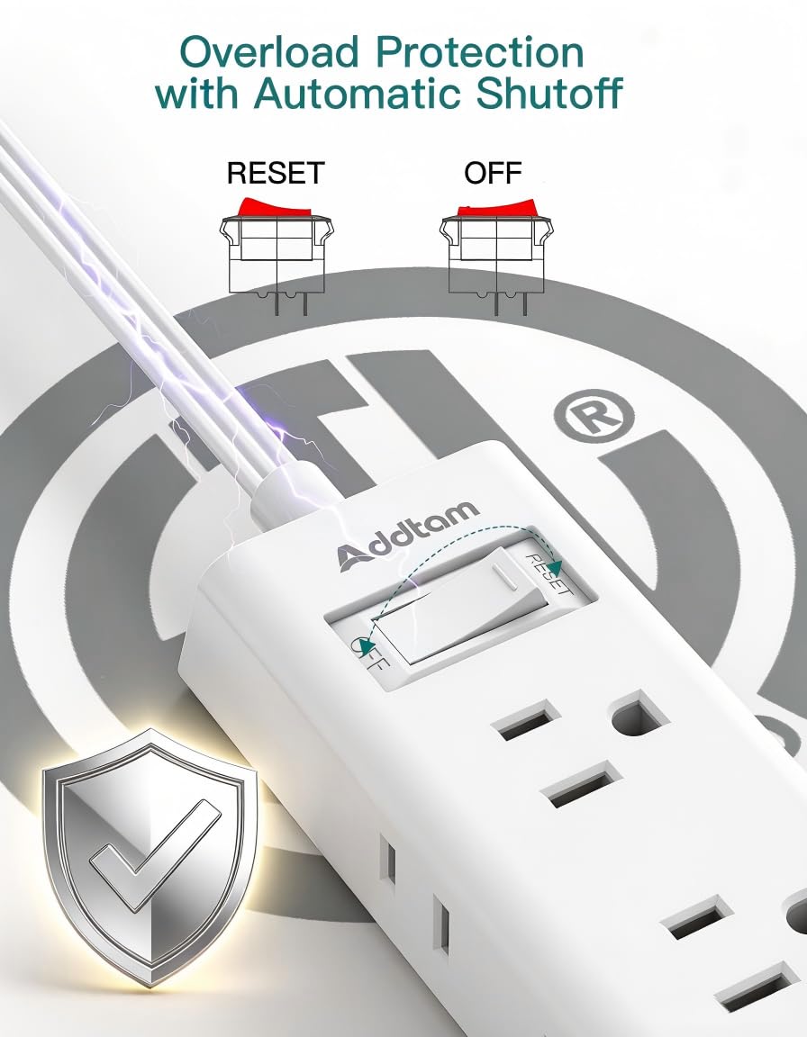 Cruise Essentials - Flat Plug Power Strip, Addtam 5 ft Ultra Flat Extension Cord with 6 Outlets Extender, No Surge Protector for Cruise Ship, Travel, Dorm, Home Office,Black