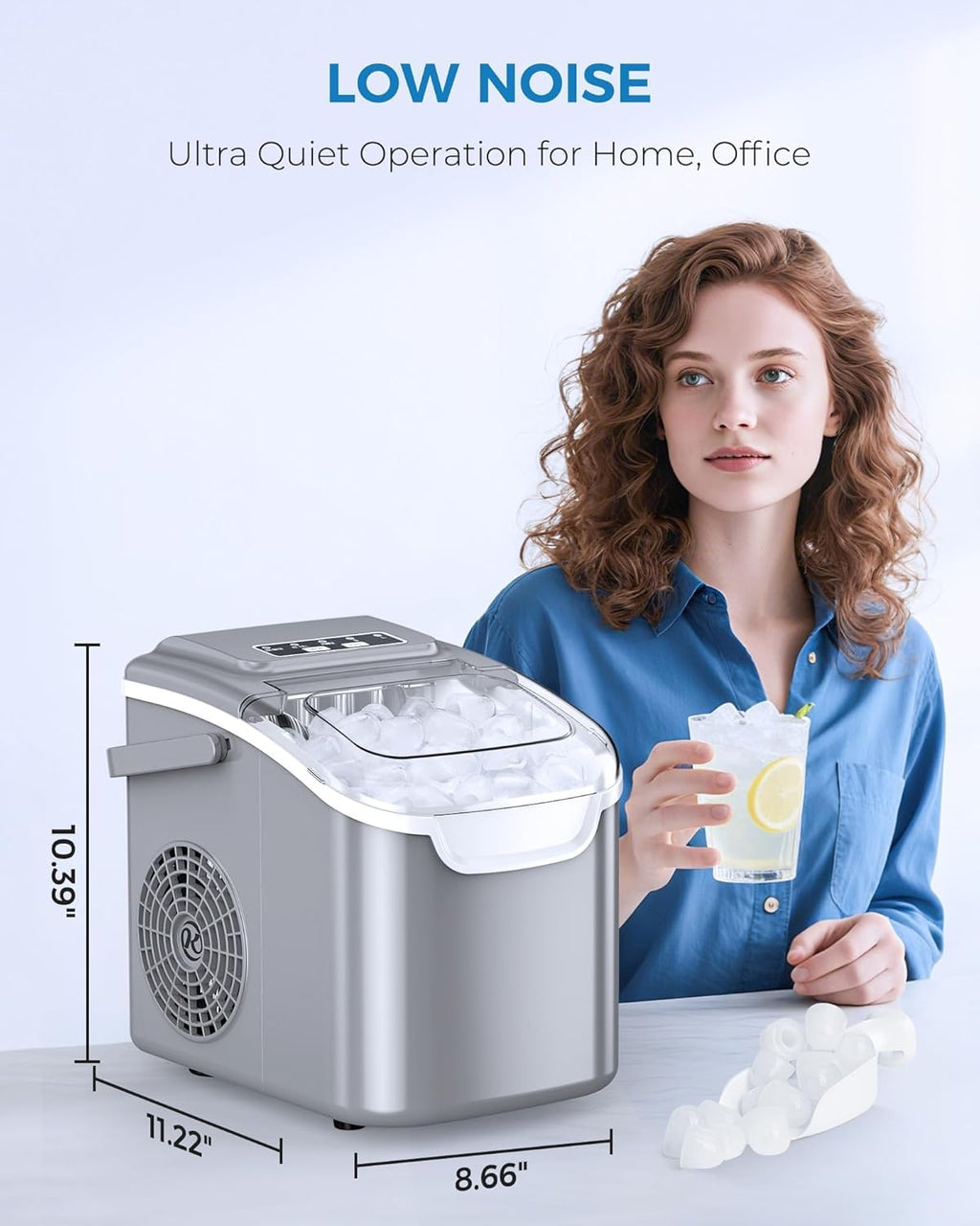 Electactic Portable Ice Maker Countertop,8 Bullet Ice in 6 Mins,2 Ice Size