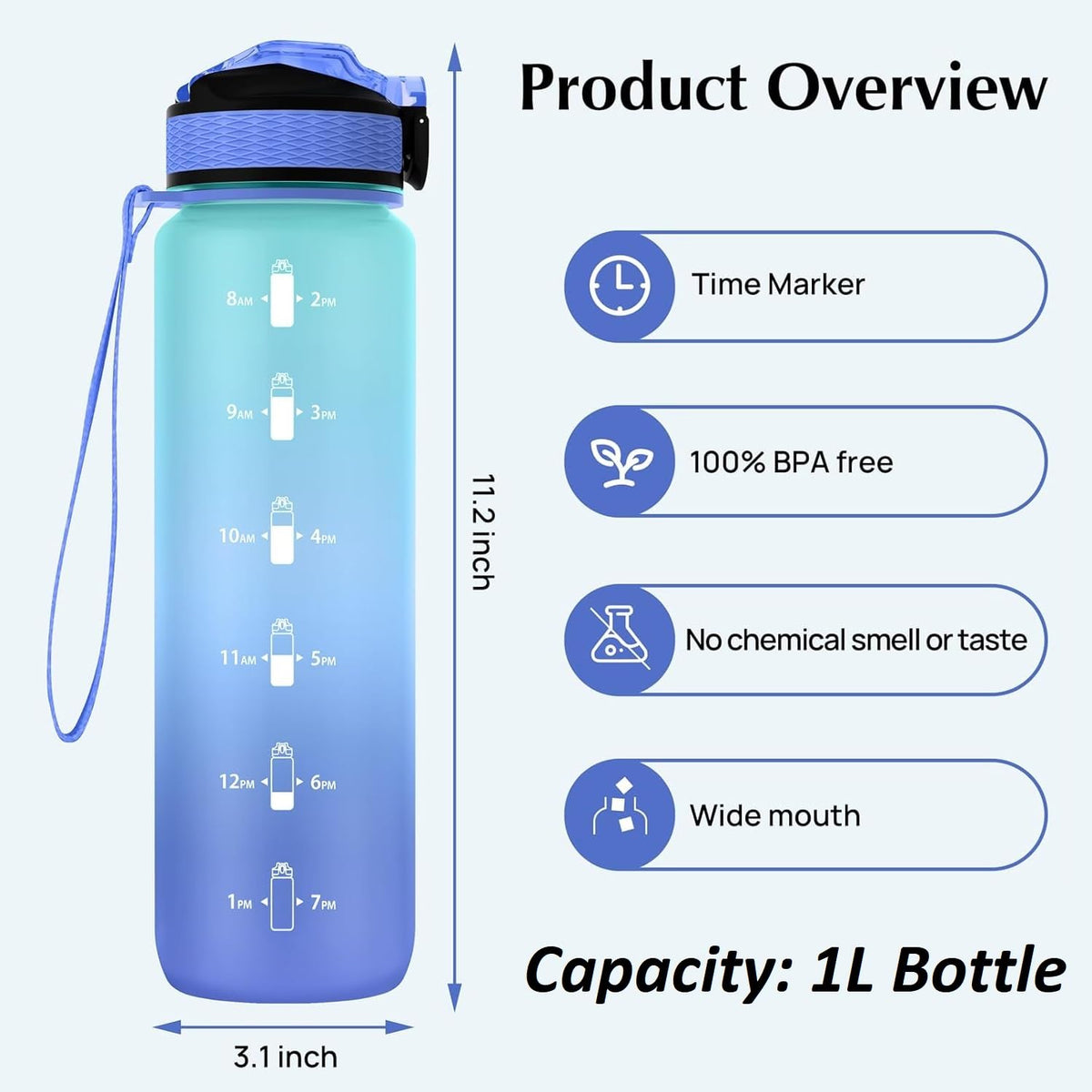 EYQ 1L Water Bottle, 1 Litre Water Bottle with Straw, 32oz Leak-Proof Motivational Sports Drinks Bottle with Time Marker, Tritan BPA-Free, Drinking Waterbottles for Gym Outdoor Sports