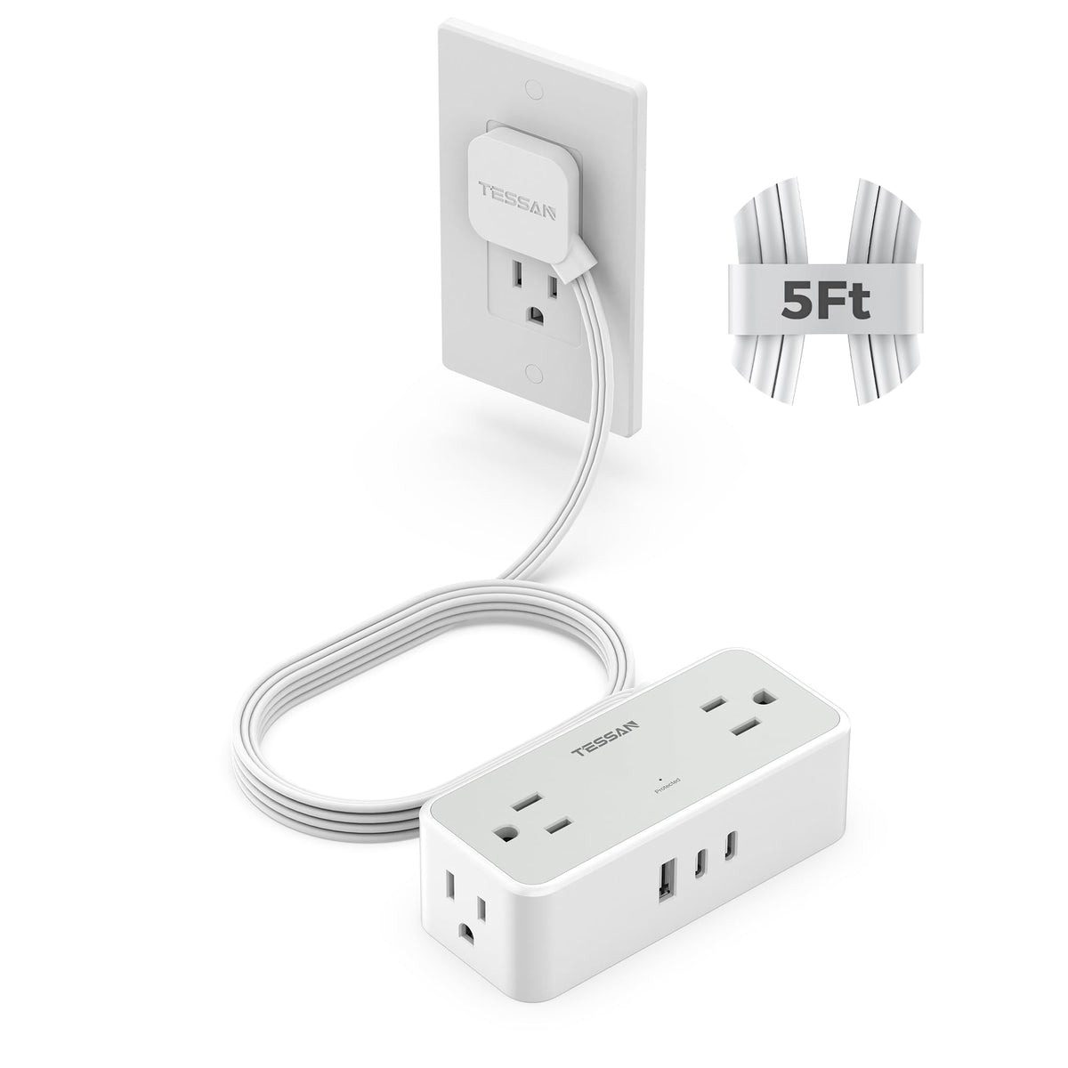 TESSAN Extension Cord 10 FT, Power Strip with 900J Surge Protection, Grey
