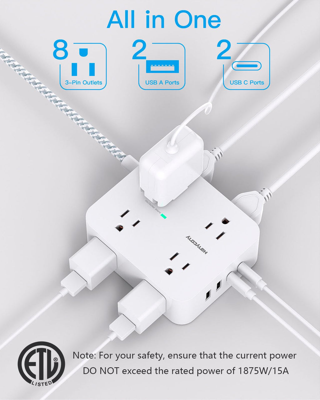 HANYCONY Surge Protector Power Strip, 10 Ft Braided Extension Cord, 1080J