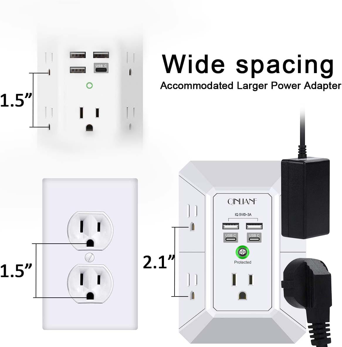 Surge Protector, QINLIANF 5 Outlet Extender with 4 USB Ports(2USB-C)