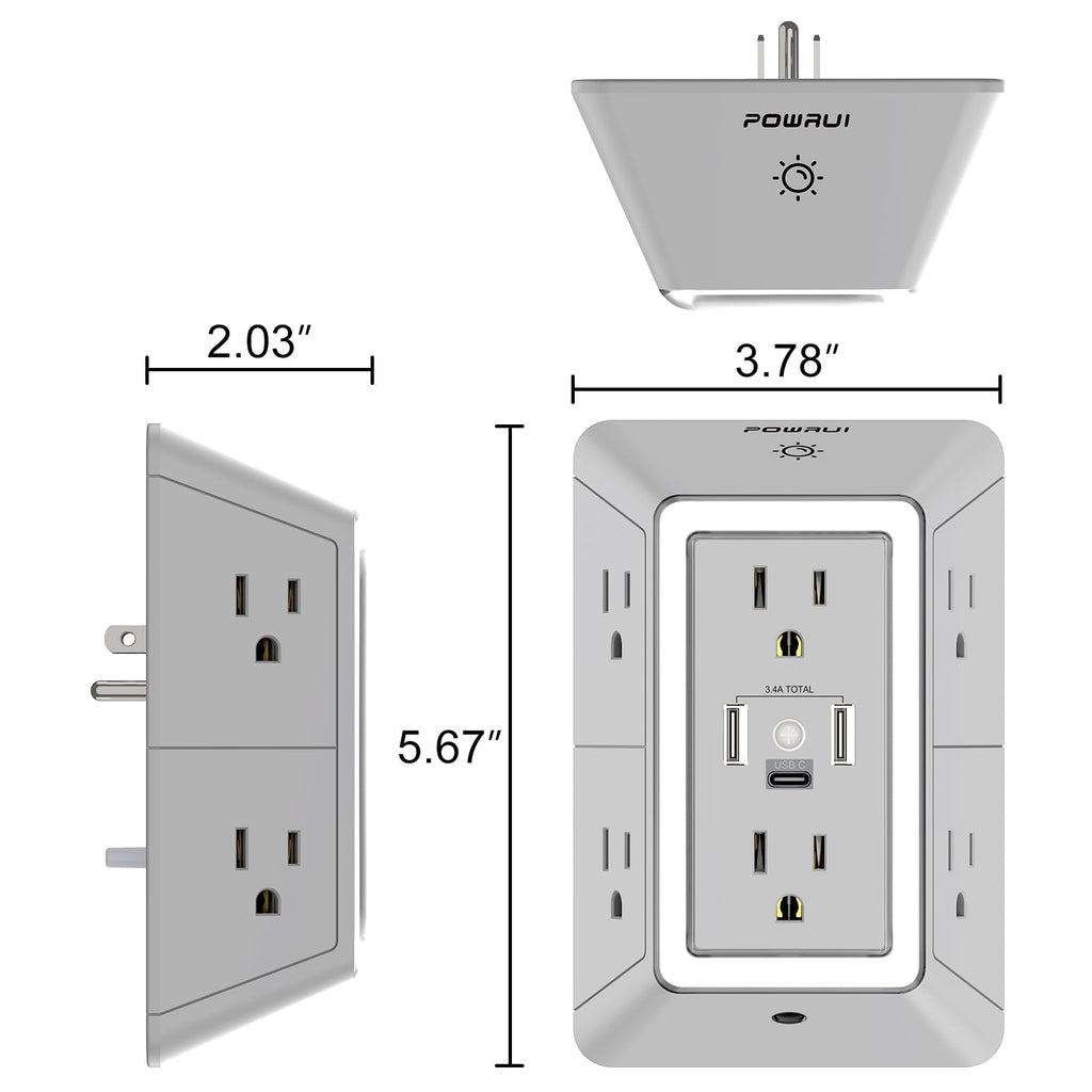 Multi Plug Wall Outlet Night Light, POWRUI 6 Outlet Extender & 3 USB Ports