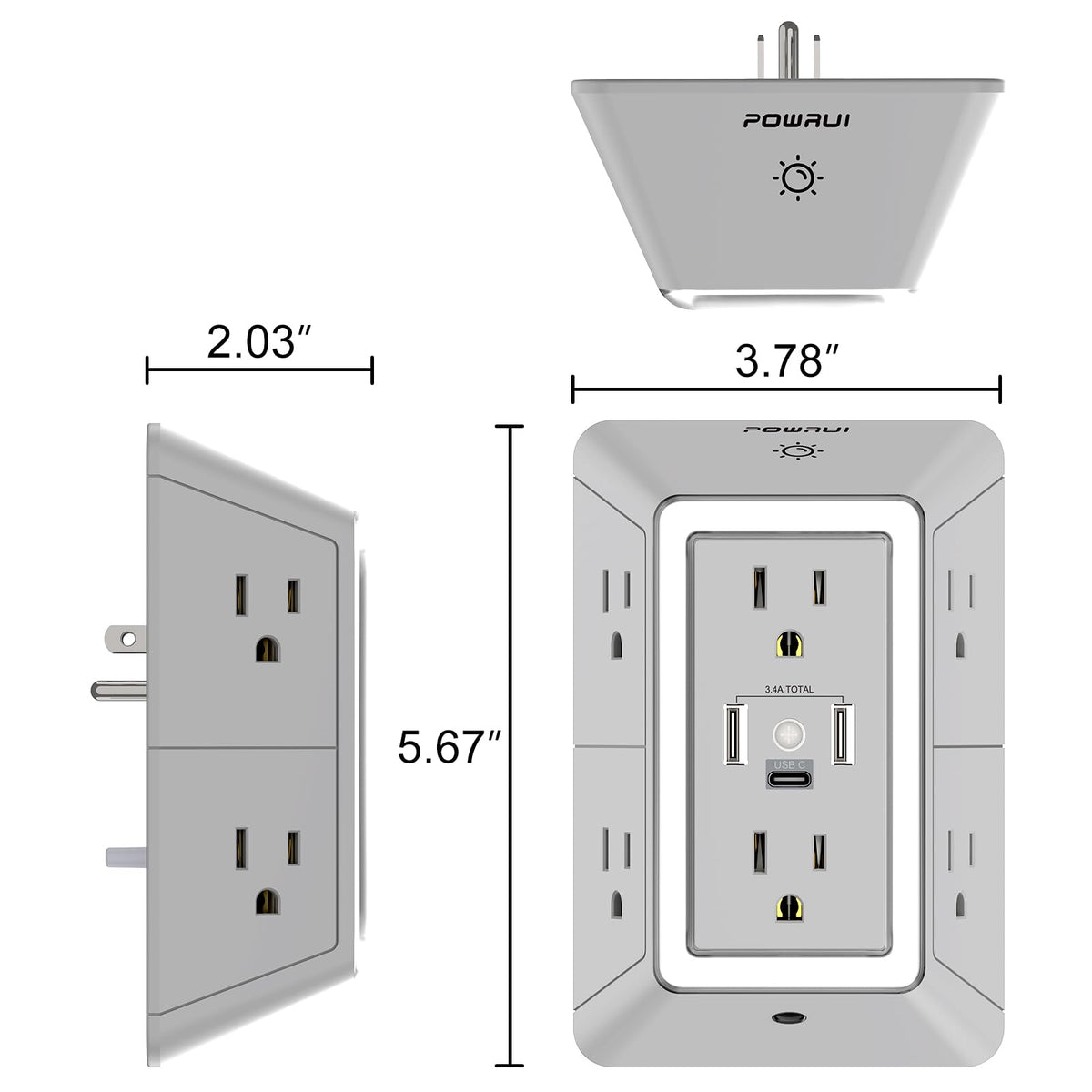 Multi Plug Wall Outlet Night Light, POWRUI 6 Outlet Extender & 3 USB Ports