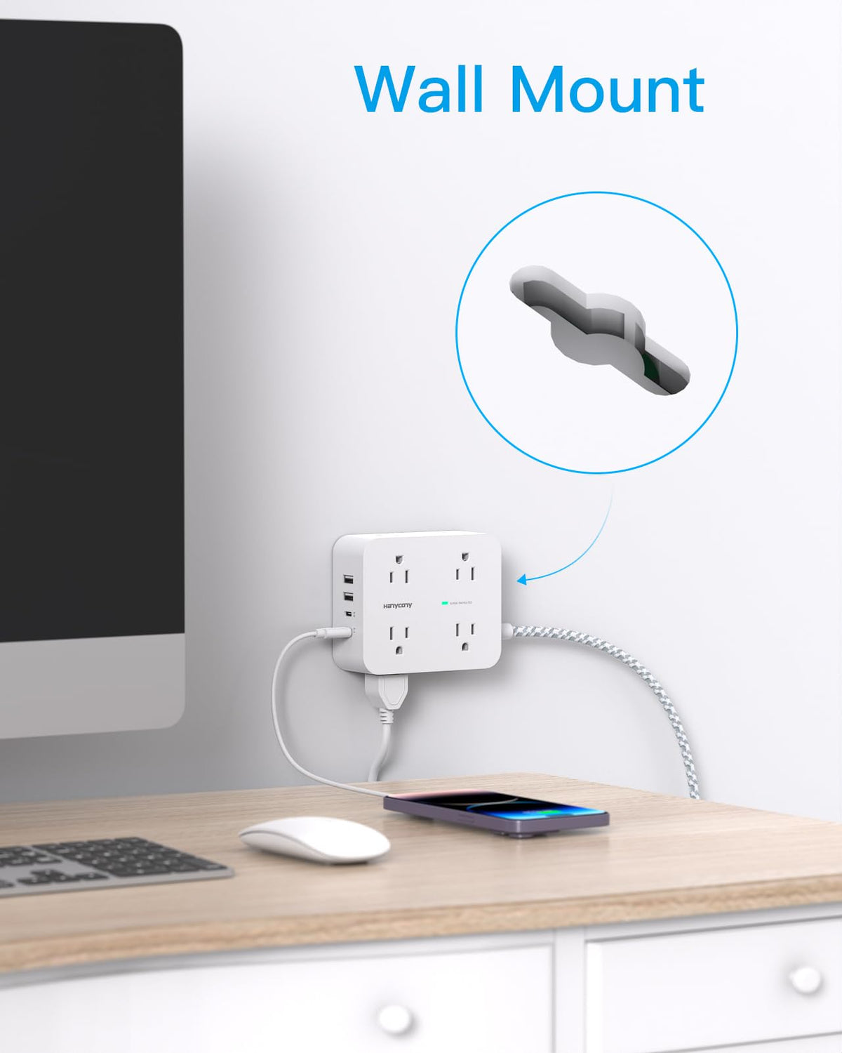 HANYCONY Surge Protector Power Strip, 10 Ft Braided Extension Cord, 1080J