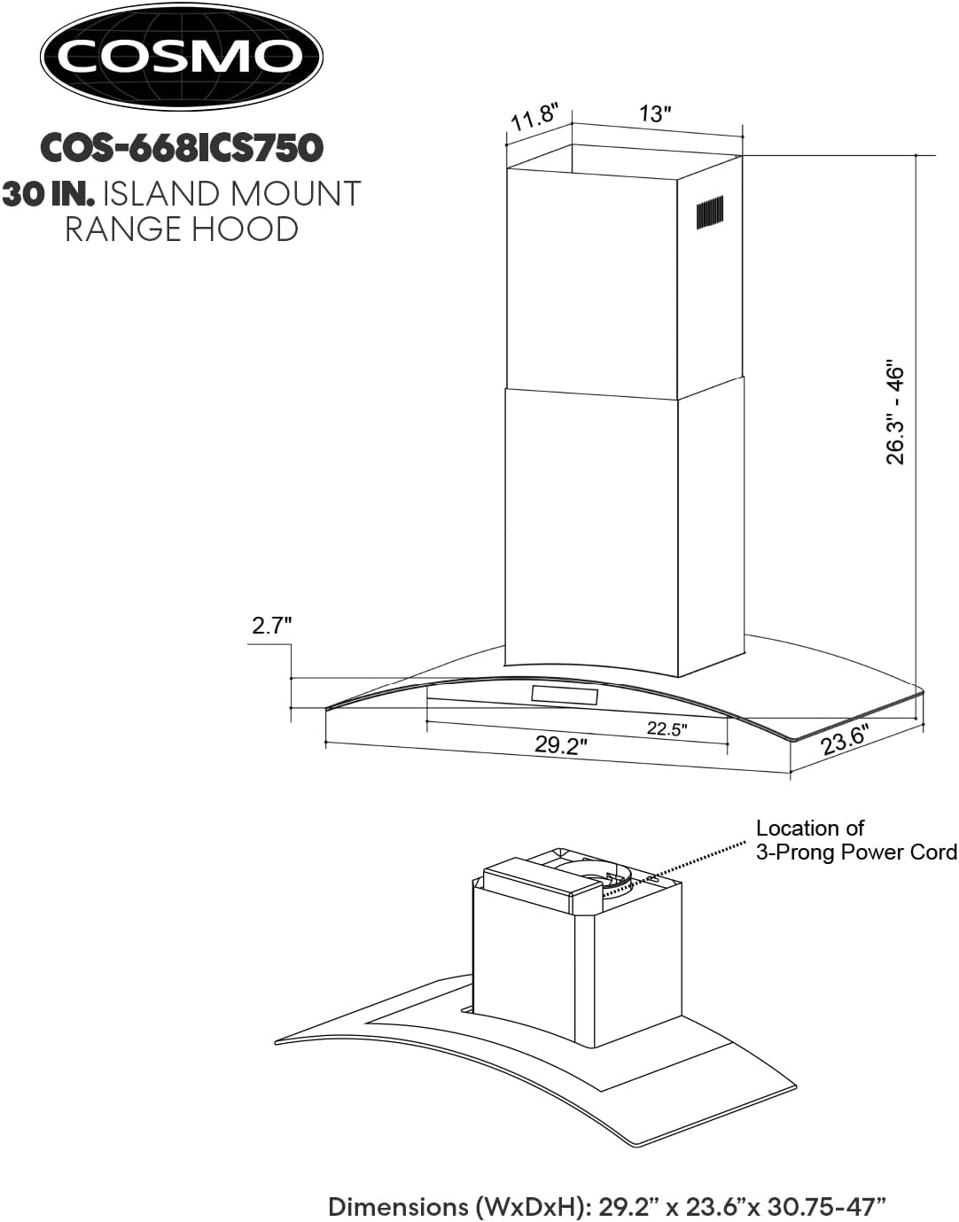 30 in. Lumin Coll 380 CFM Ducted Island Range Hood, LED, Stainless Steel