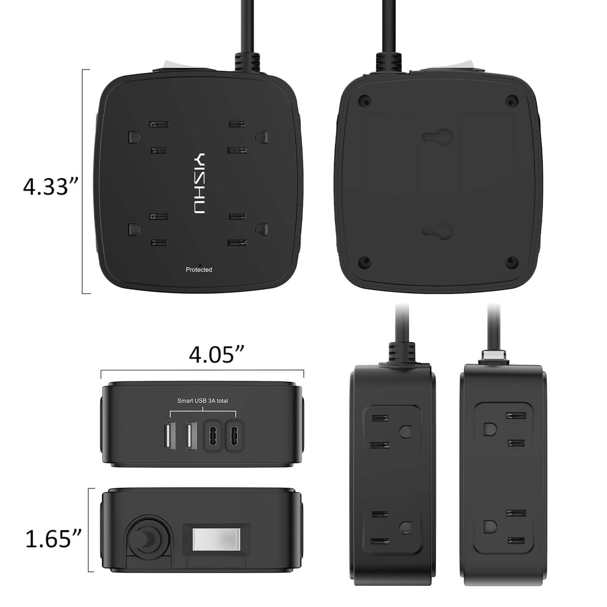 6 Ft Surge Protector Power Strip - YISHU 8 Widely Outlets with 4 USB Ports, 3 Side Outlet Extender with 6 Feet Flat Extension Cord, Ultra Flat Plug, Wall Mount, Desk USB Charging Station, ETL, Black