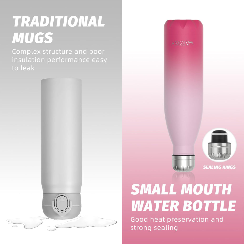 Stainless Steel Insulated Water Bottle, WATERSY Double Walled Metal Vacuum Flask Keep 24 Hrs Cold & 12 Hrs Hot Thermal Metal Sports Bottles 500ml BPA Free for Outdoor, Work, Gym, School (Black)