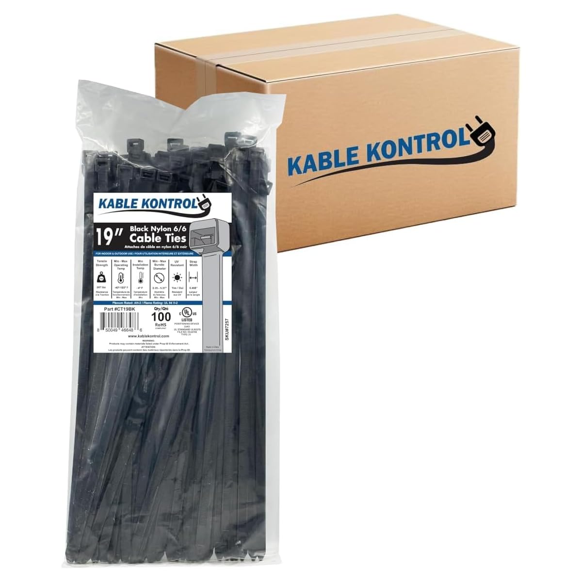 Kable Kontrol Cable Zip Ties, 4 Inch, 100 Pcs, 18lbs Test, Gray