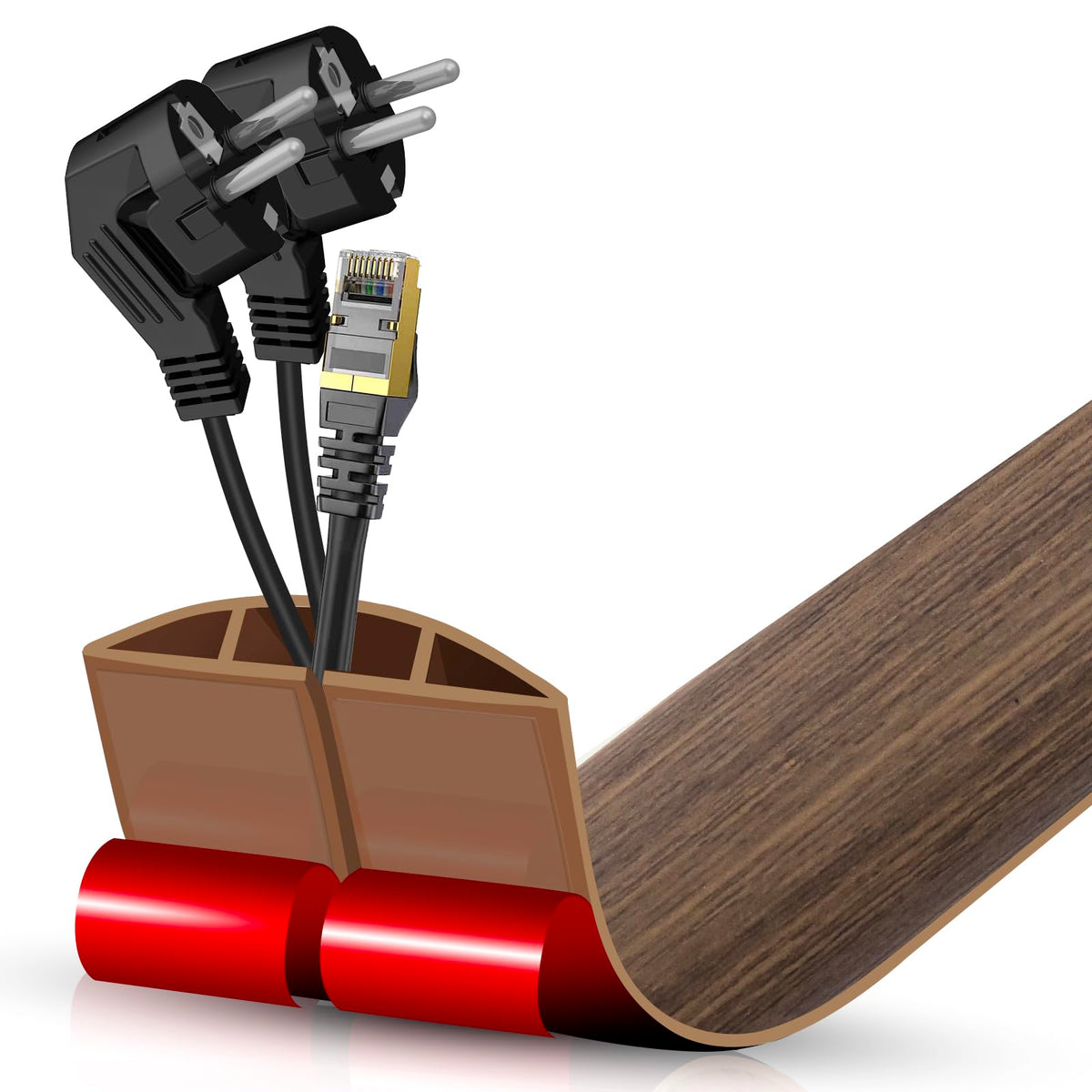 Floor Cord Cover Self Adhesive Cord Hider,3.3FT Cable Management, Extension Strip Protector for Wires, Prevent Cable Trips for Offices, Gyms, Exhibitions Cavity:0.3"(W) x 0.28"(H) Brown Wood