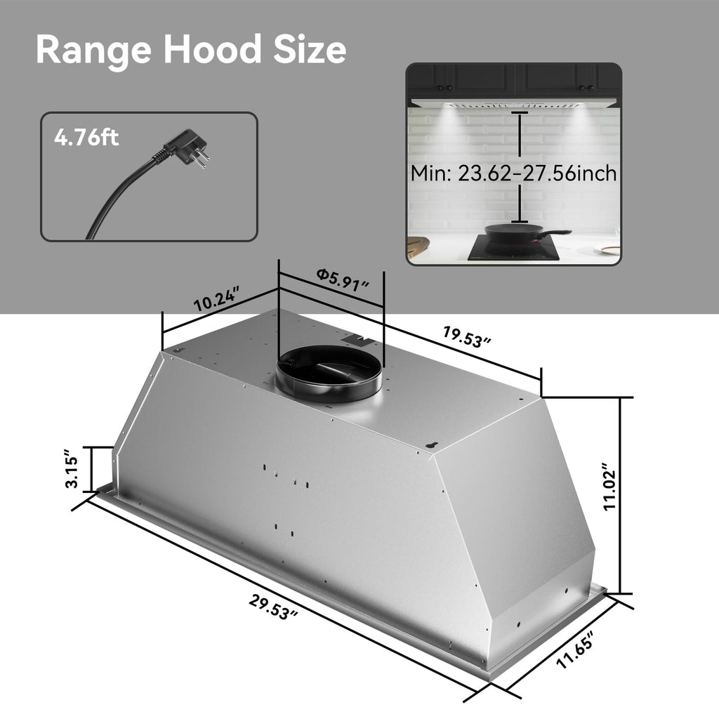 Hermitlux 30″ Built in/Insert Range Hood, 600 CFM Stainless Steel Vent Hood