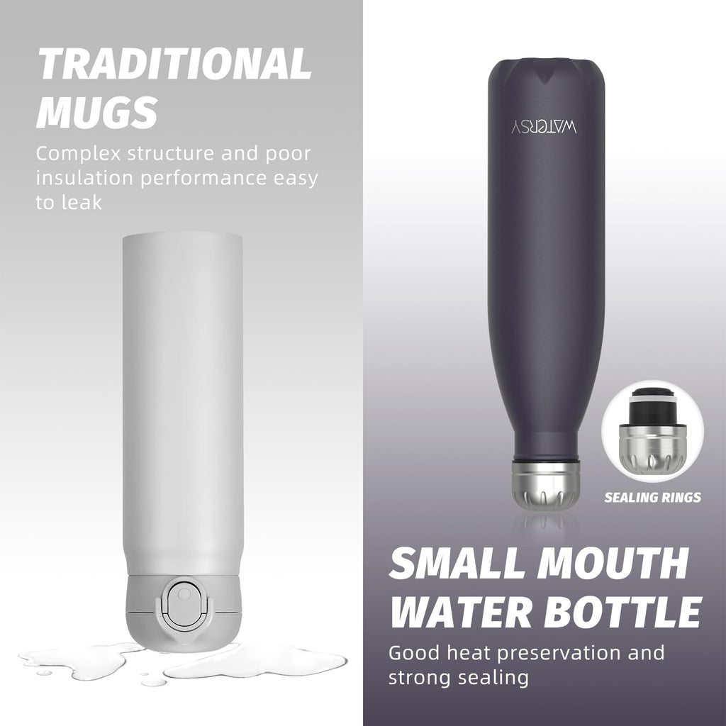 Stainless Steel Insulated Water Bottle, WATERSY Double Walled Metal Vacuum Flask Keep 24 Hrs Cold & 12 Hrs Hot Thermal Metal Sports Bottles 500ml BPA Free for Outdoor, Work, Gym, School (Black)