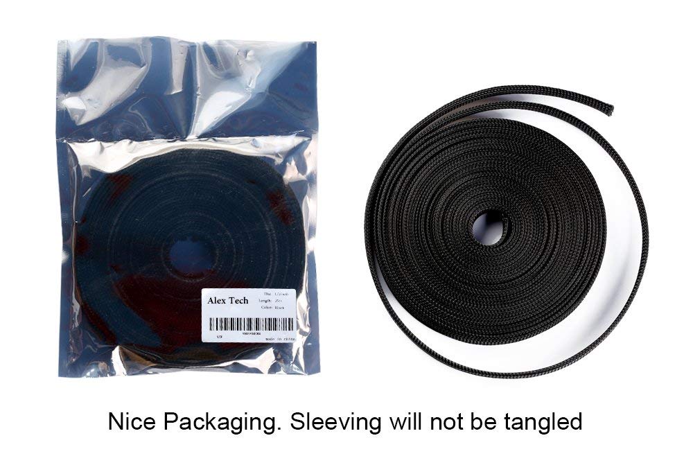 100ft - 1/2 inch PET Expandable Braided Sleeving – Black – Alex Tech Braided Cable Sleeve