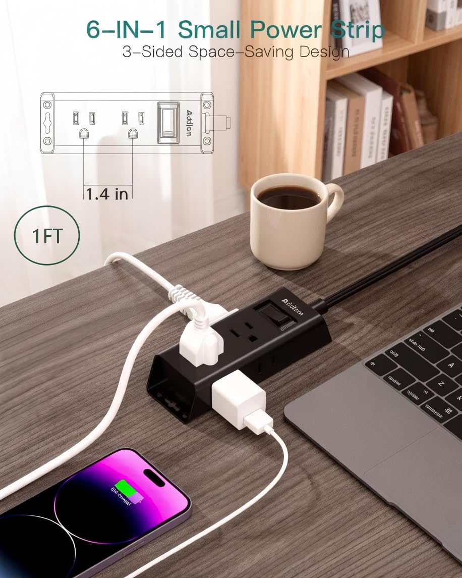 Cruise Essentials - Flat Plug Power Strip, Addtam 5 ft Ultra Flat Extension Cord with 6 Outlets Extender, No Surge Protector for Cruise Ship, Travel, Dorm, Home Office,Black