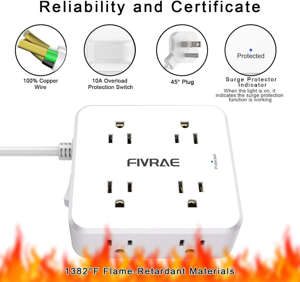 10Ft Extension Cord with Multiple Outlets, 8 Outlets and 4 USB Ports