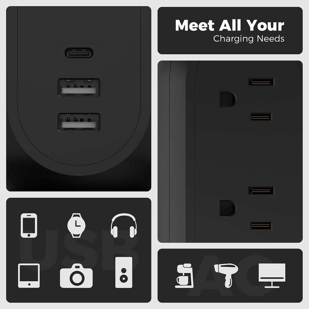 TESSAN Tower Power Strip Flat Plug with 1050J Surge Protection, 6 Ft, Black