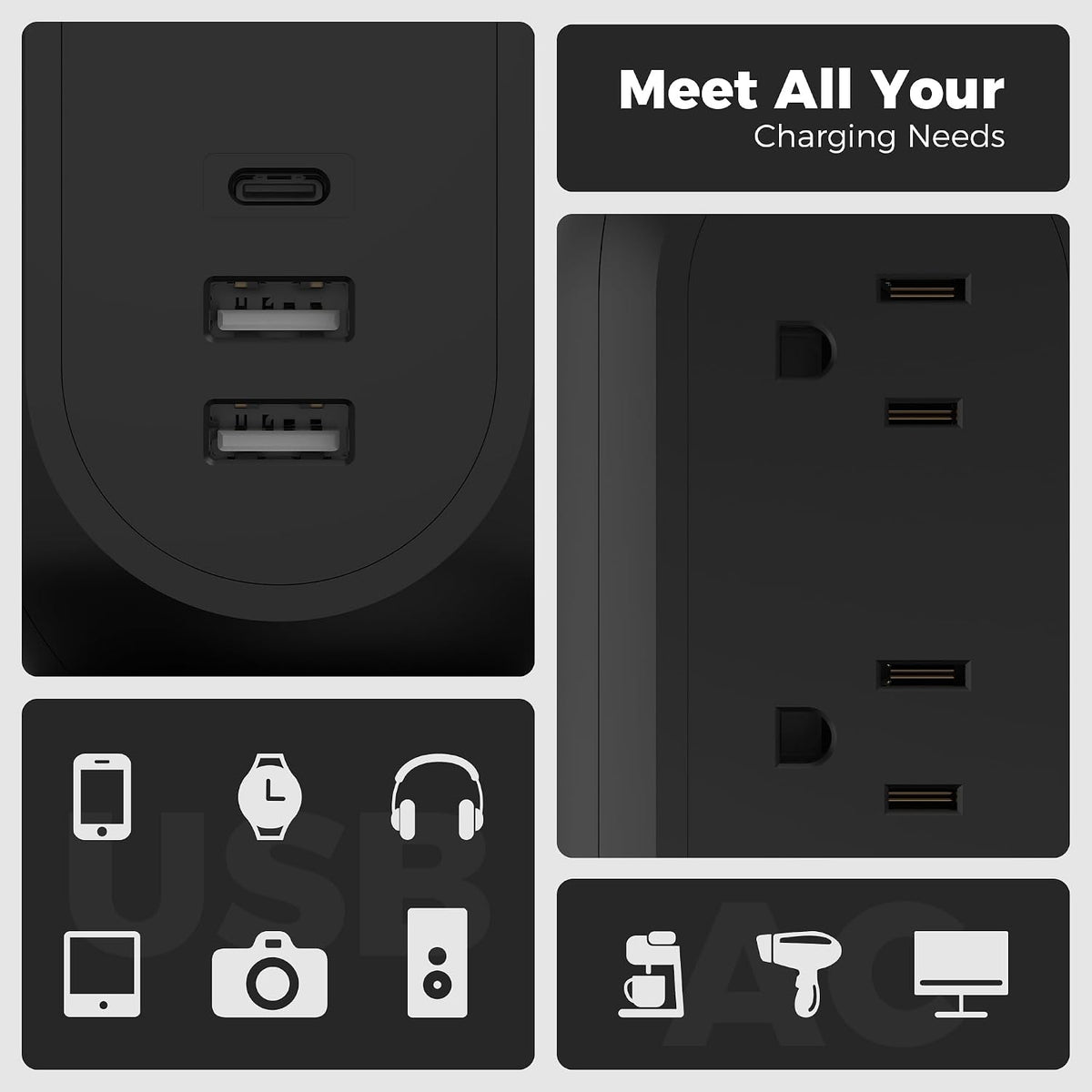 TESSAN Tower Power Strip Flat Plug with 1050J Surge Protection, 6 Ft, Black