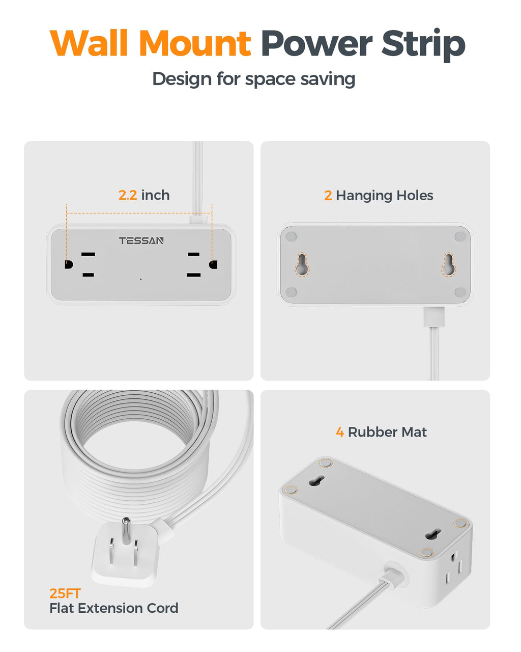 TESSAN Extension Cord 10 FT, Power Strip with 900J Surge Protection, Grey
