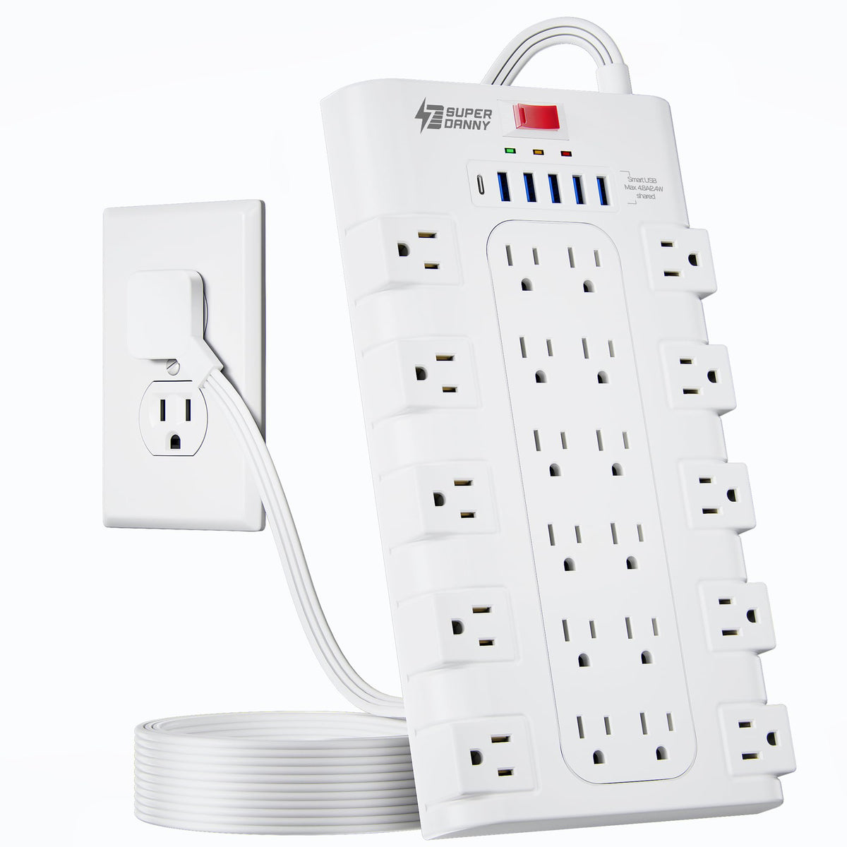 SUPERDANNY Power Strip Surge Protector, 22 AC 6 USB, 2100J, 6.5Ft,1875W/15A