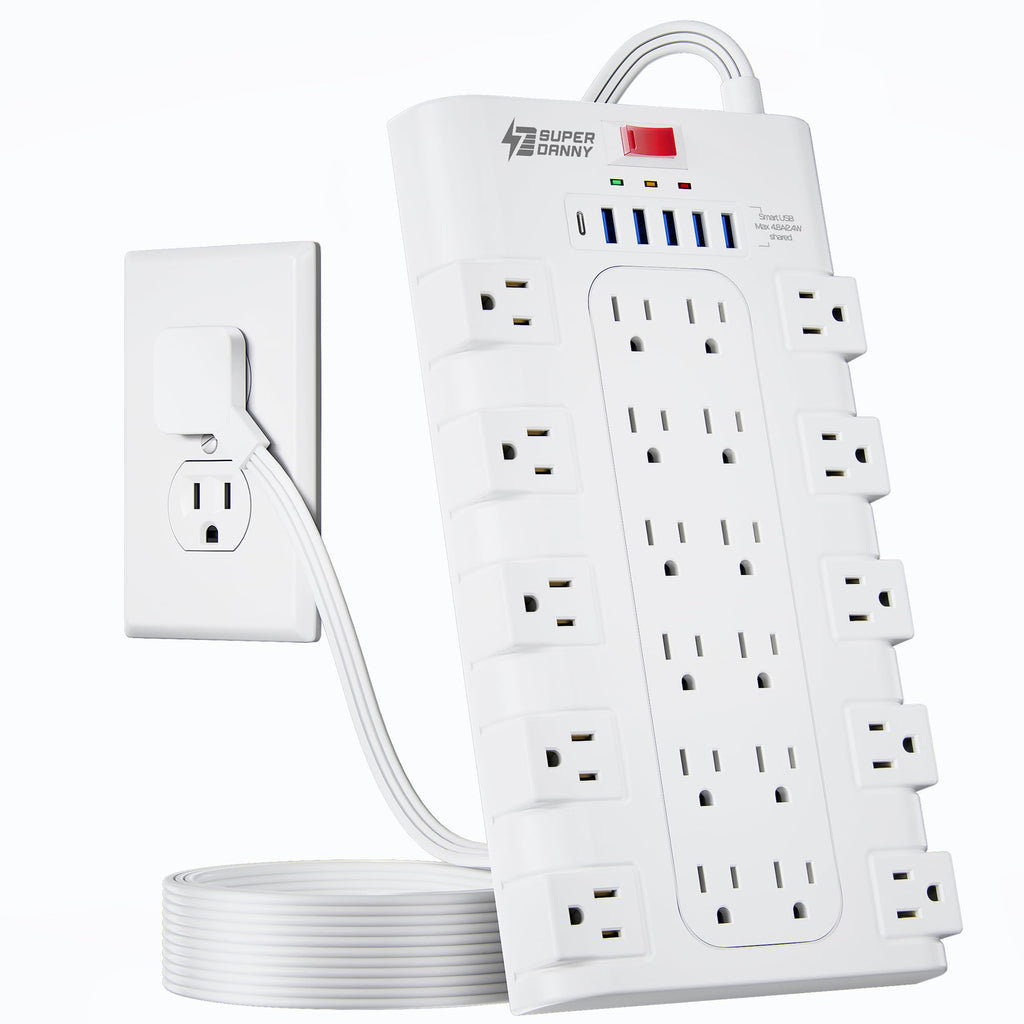 SUPERDANNY Power Strip Surge Protector, 22 AC 6 USB, 2100J, 6.5Ft,1875W/15A