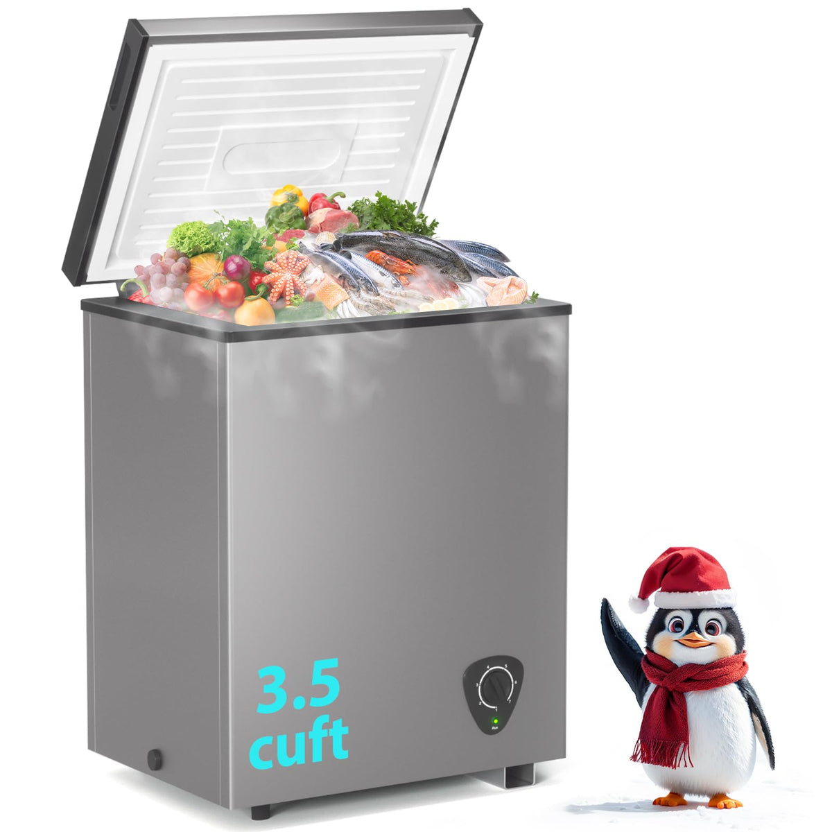 Lifeplus Chest Freezer, 3.5 Cubic Feet Small Deep Freezer Compact Top Open Door with Removable Basket, 7 Temperature Control Energy Saving Super Quiet for Kitchen Office Apartment Garage, Grey