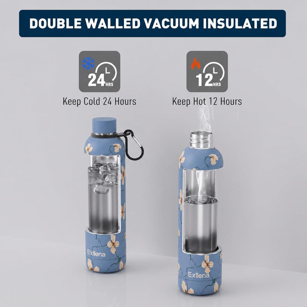 Exllena Insulated Black Water Bottles 750ml with Clip, Double Wall Vacuum Drinks Bottle Keeps Drinks Cold 24 Hrs/Hot 12 Hrs, Stainless Steel Water Bottle BPA Free