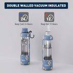 Exllena Insulated Black Water Bottles 750ml with Clip, Double Wall Vacuum Drinks Bottle Keeps Drinks Cold 24 Hrs/Hot 12 Hrs, Stainless Steel Water Bottle BPA Free