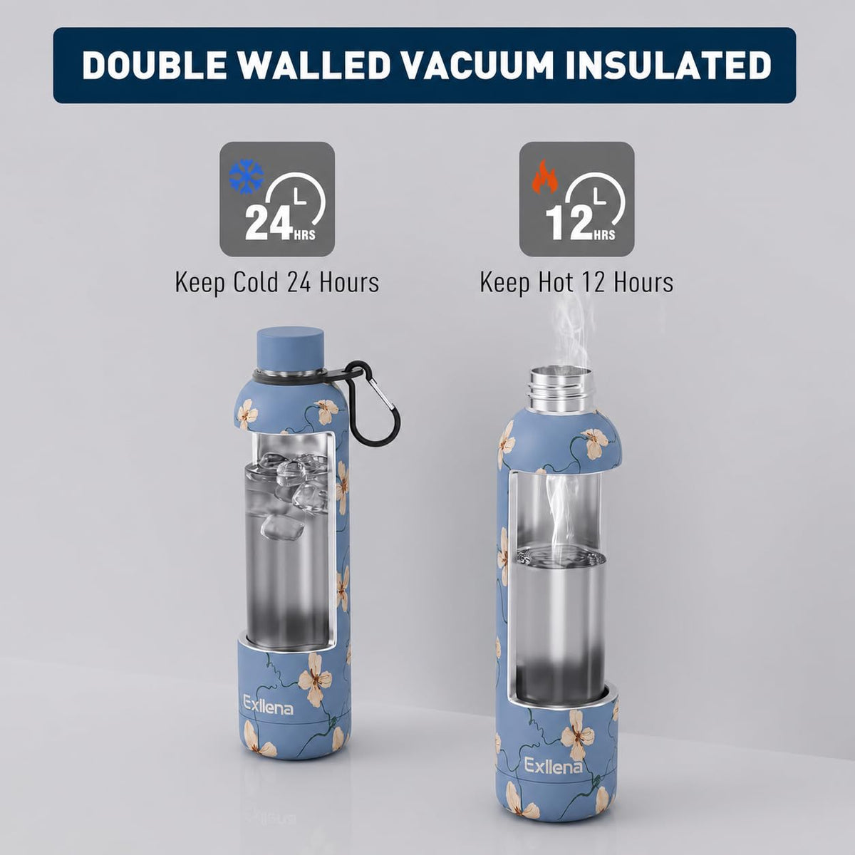 Exllena Insulated Black Water Bottles 750ml with Clip, Double Wall Vacuum Drinks Bottle Keeps Drinks Cold 24 Hrs/Hot 12 Hrs, Stainless Steel Water Bottle BPA Free