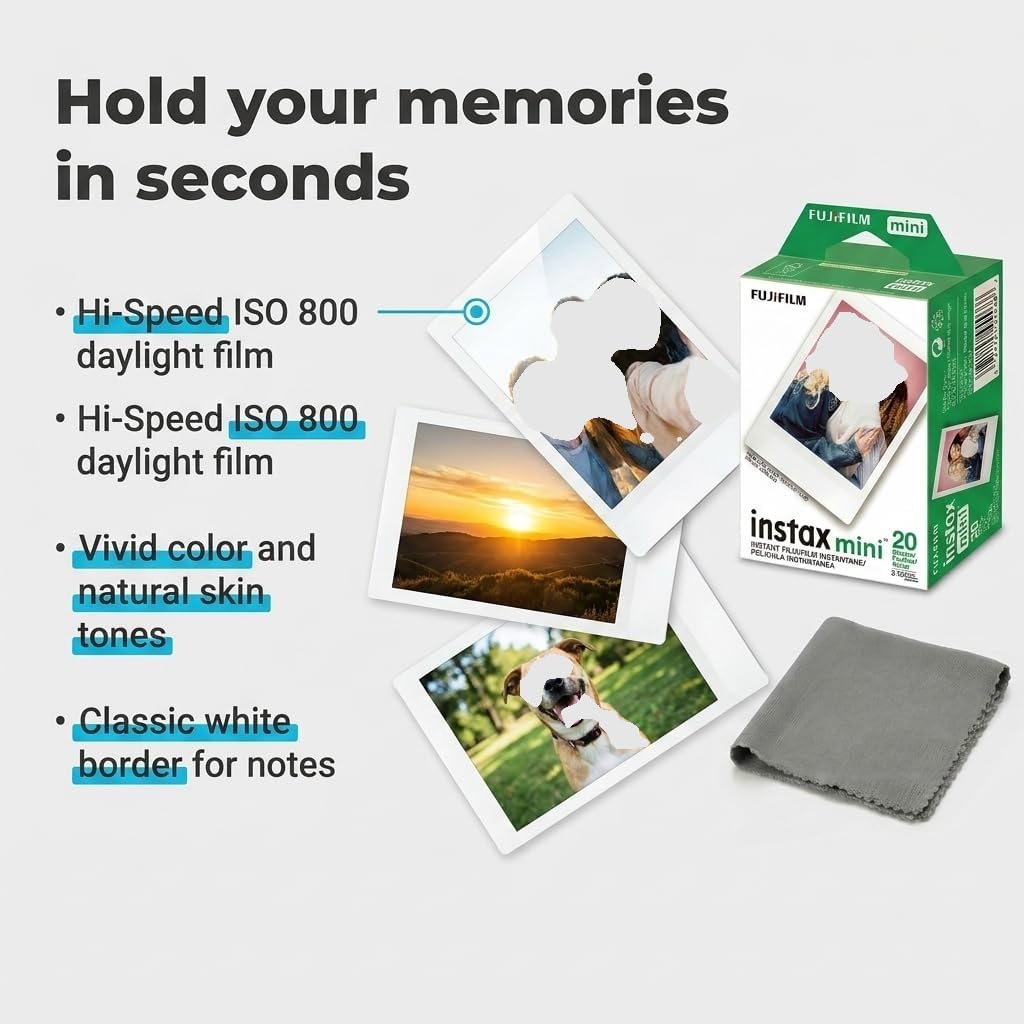 Fujifilm Instax Mini Instant Film, 20 Sheets – White Daylight ISO 800 for Instax Mini 13, 12, 11, 41 Cameras –Bundeld with The Tudak Store Microfiber Cleaning Cloth