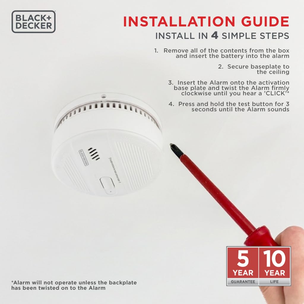 BLACK+DECKER Smoke Alarm for Home 10 Year Life with 9v Replaceable Battery