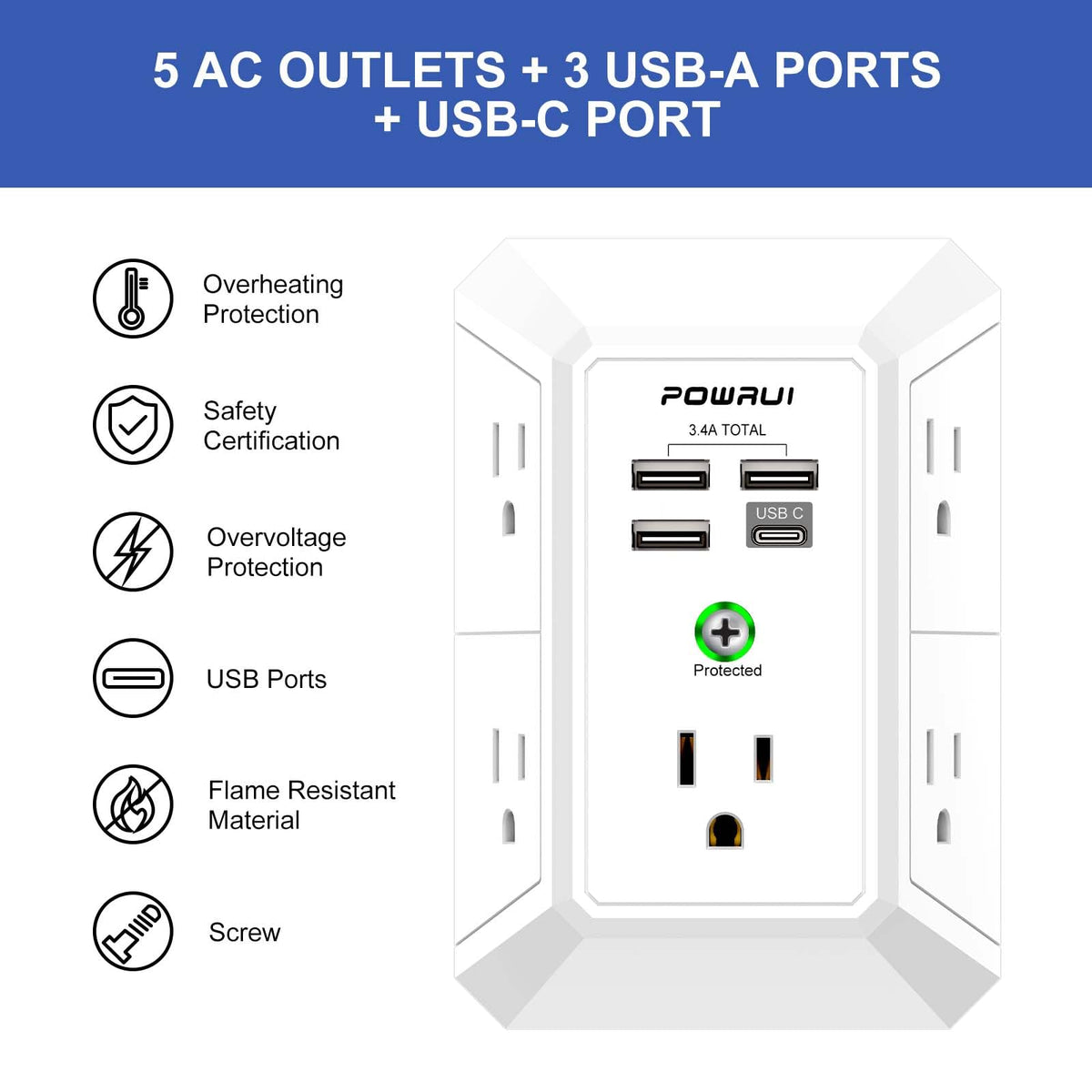 Multi Plug Wall Outlet Night Light, POWRUI 6 Outlet Extender & 3 USB Ports