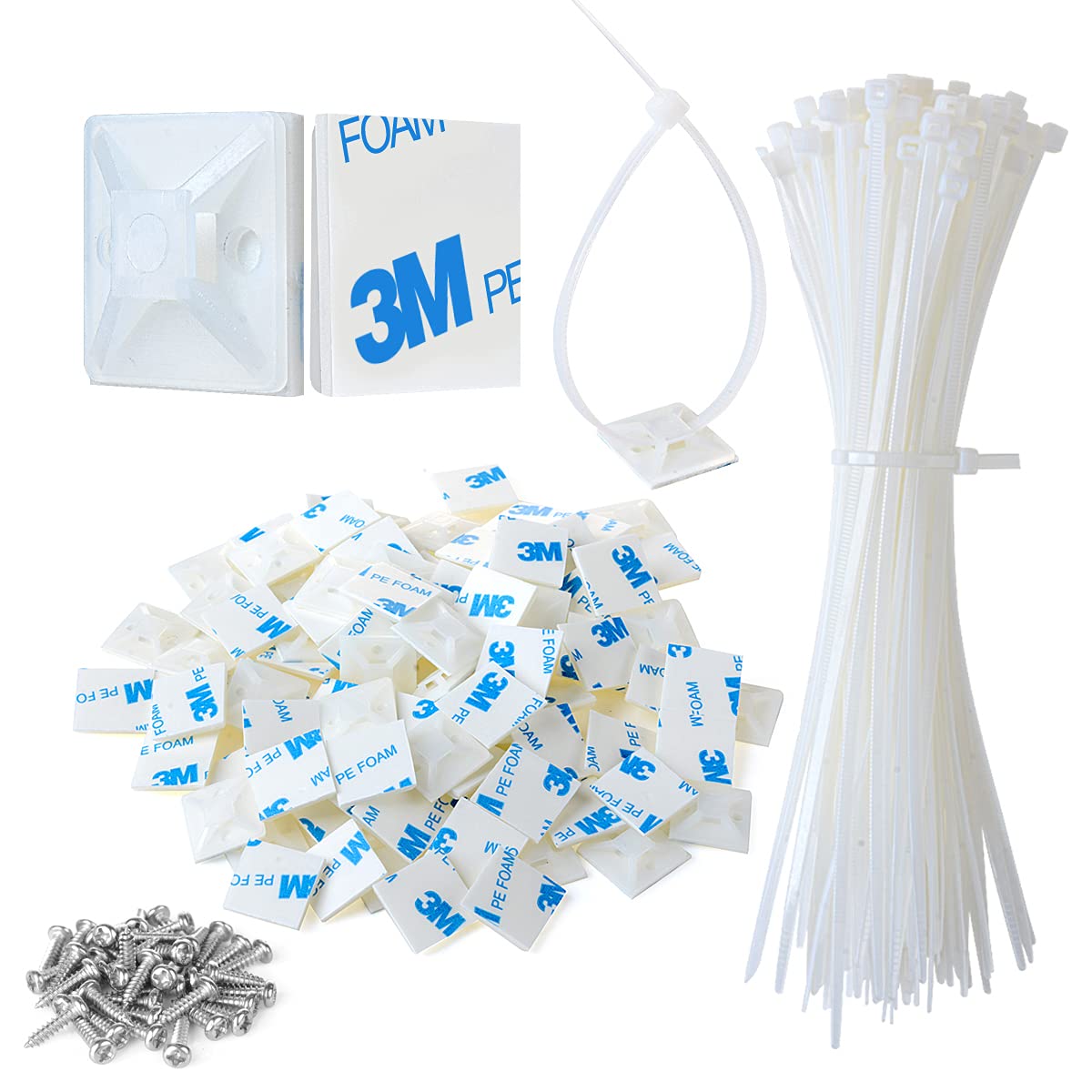 3/4" Strong Back-Glue Self Adhesive White Cable Zip Tie Mounts 100pcs with 8" Ties, Screws, Outdoor Sticky Wire Fasteners Cable Clips Management Anchors Organizer Holders Squares