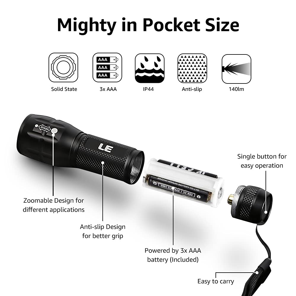 LE LED Torch, LE1000 Powerful Handheld Flashlight, Adjustable Focus, 4 PCs